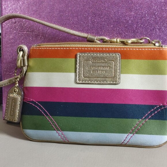 Coach Legacy Stripe Wristlet Leatherware Clutch Multicolor Colorful Small Bag - Picture 1 of 16
